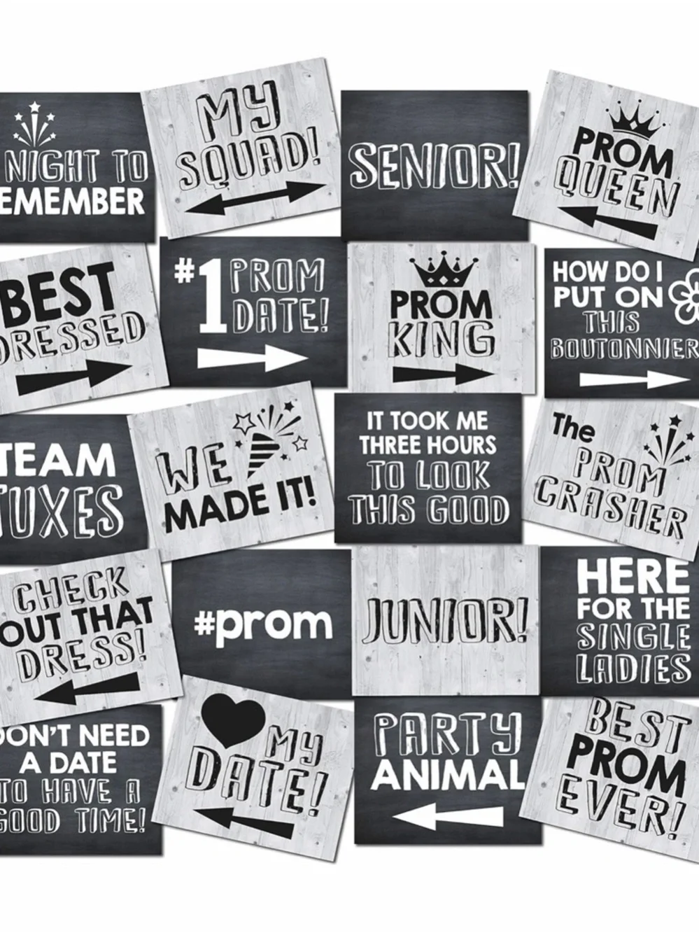 Prom Photo Booth Signs Set of 8 Double Sided Cardstock Prints Black White